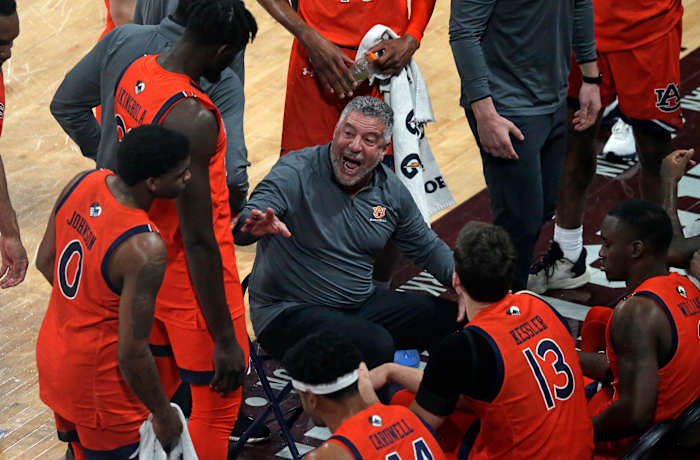 Mar 2, 2022; Starkville, Mississippi, USA; Auburn Tigers head coach Bruce Pearl talks with his team during a timeout during the first half again the Mississippi State Bulldogs at Humphrey Coliseum. Mandatory Credit: Petre Thomas-USA TODAY Sports